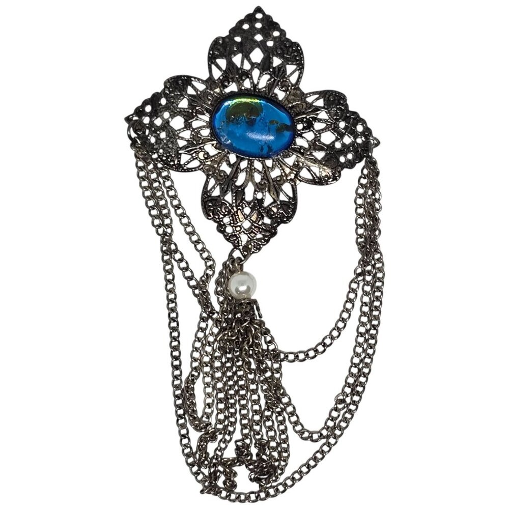 Vintage Filigree Brooch Blue Cabochon Glass Stone w Chain Tassel